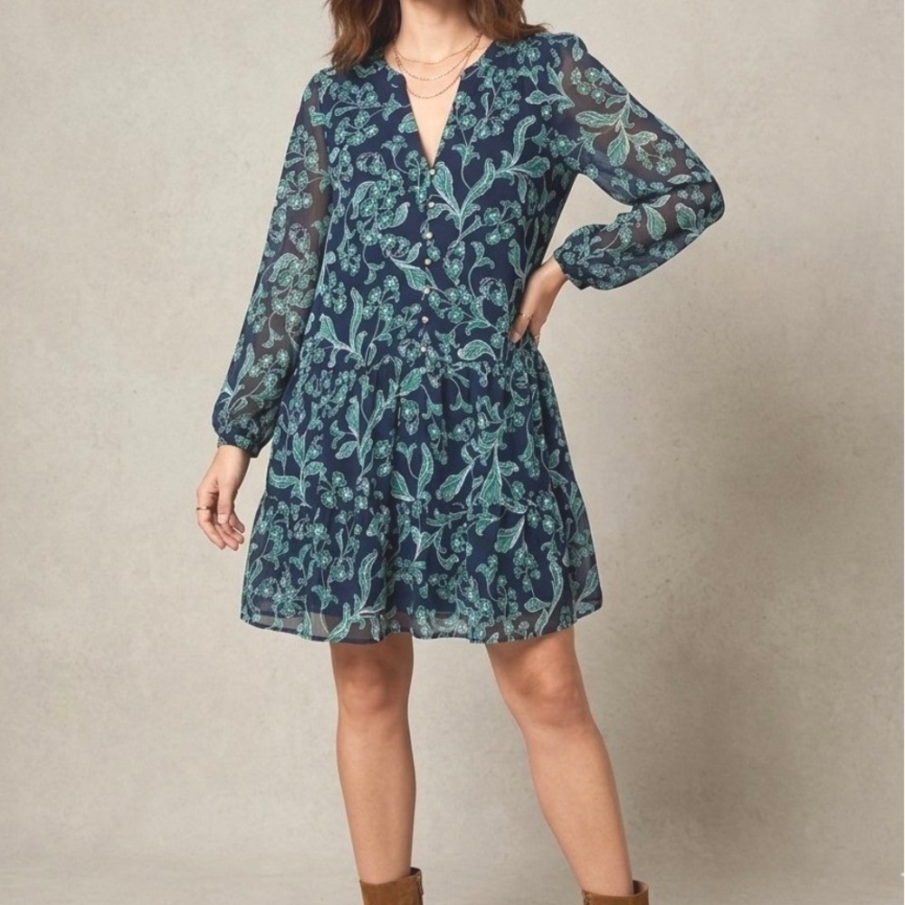 LOFT Navy Green Floral Paisley Tiered Mini Dress L Long Sleeve V-Neck 596911